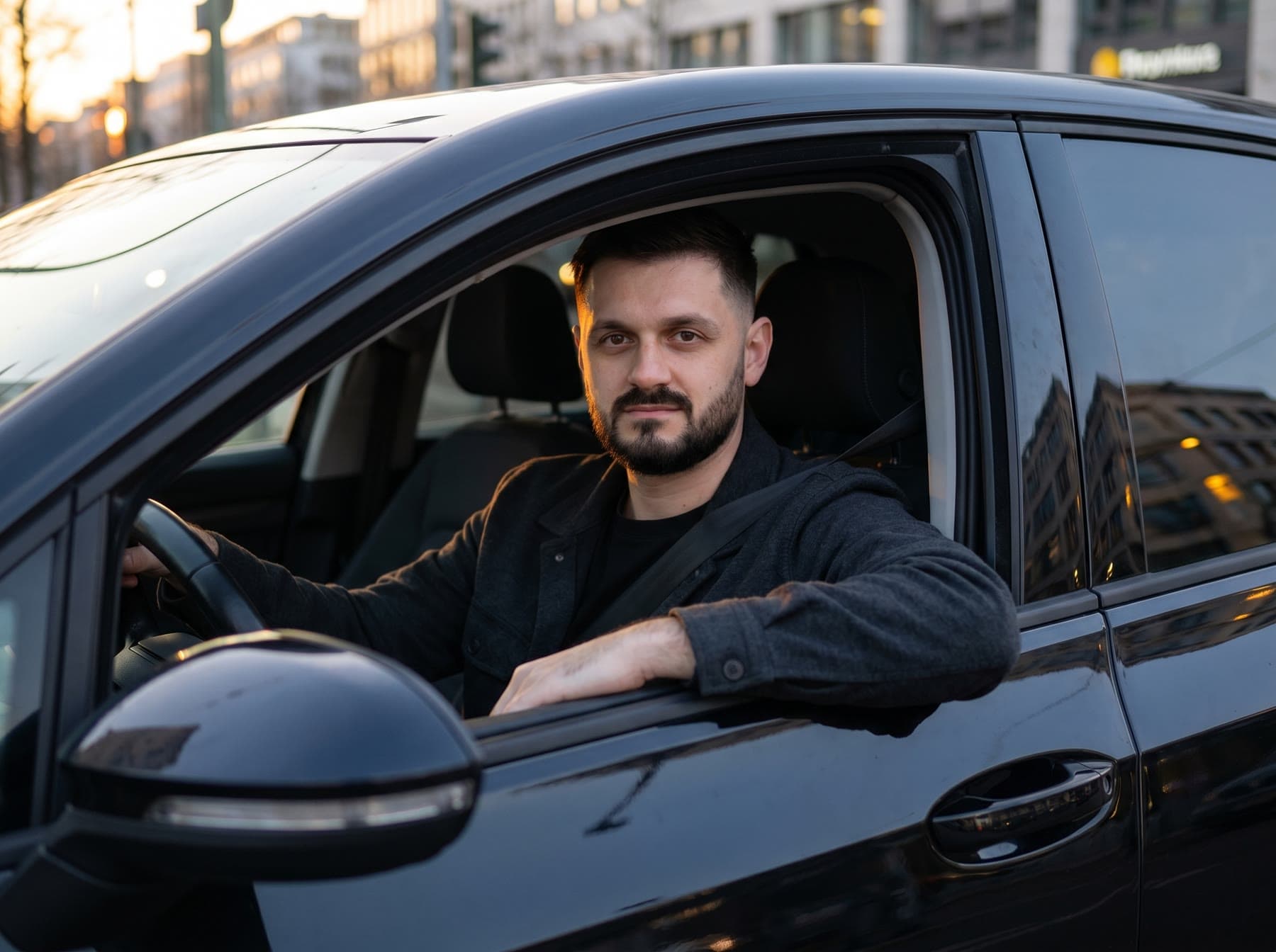 Endrit Cakolli sitzt am Steuer eines schwarzen Autos und lehnt den Arm aus dem Fenster